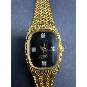 Vtg Ladies XAVIER Diamond Gold Tone Tank Quartz Wristwatch 18MM Black Dial